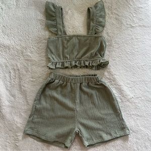 Sage Green Flutter Sleeve Crop Top & Matching Shorts
